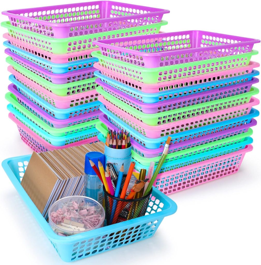 Zhehao 16 Pack Paper Organizer Basket, 13.5 x 10 x 3 Inch Plastic Mesh Bin, Colorful, Multi-Purpose, Ideal for Office, Classroom, Home, Storage, Organization